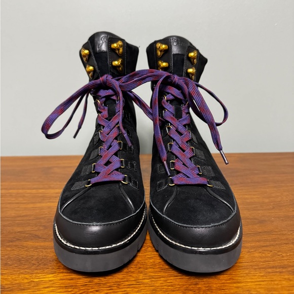 J. Crew Suede Leather Black Lace Up Boots Purple Laces - Picture 2 of 11